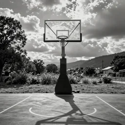a photograph of a basketball hoop from the freethrow line in a scenic location, in the styles of cameron look, andrew bernstein, and ansel!!! adams!!!. intricate, hyperrealistic, monochrome hdr, accurate court