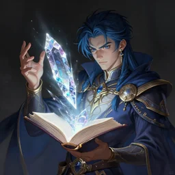 character concept portrait of Corbin bleu as an wizard enchanting a floating glowing crystal shardt, a floating iridescent spell book in the center, intricate, elegant, digital painting, concept art, smooth, sharp focus, illustration, from Metal Gear, by Ruan Jia and Mandy Jurgens and William-Adolphe Bouguereau, Artgerm
