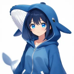 advanced anime character art render, beautiful anime girl wearing a whale skin hoodie outfit ,big blue watery eyes, mid shot , medium shot, Rossdraws, WLOP , Sakimimichan
