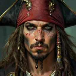 close up of a pirate with scars and a face tattoo depicting a brain, deep focus, d & d, fantasy, intricate, elegant, highly detailed, digital painting, artstation, concept art, matte, sharp focus, illustration, hearthstone, art by artgerm and greg rutkowski and alphonse mucha