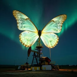 on a night with the northern lights, a giant glowing butterfly sits on an oil platform in the prairie ， by craig mullins
