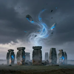 masterpiece painting of glowing stonehenge pieces scattered flying high in the air, bluestones falling over, wrapped in swirling fog, swirling dust particles, cinematic shot, volatile weather, chaos, mysterious, dynamic, dusk, concept art, by greg rutkowski