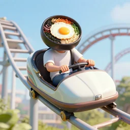 a man with a bibimbap head riding a roller coaster