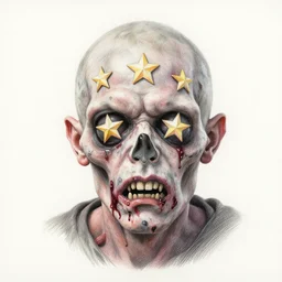 Intricate five star Zombie Facial portrait by Anna Kullberg, Colored pencil on paper, high detail, skin texture, photo realistic, hyperrealism,matte finish, high contrast, 3d depth, masterpiece, vivid colors, artstationhd