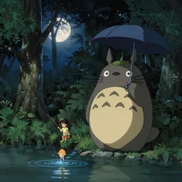 totoro fishing in the forest with the reflection of the moon., by makoto shinkai, greg rutkowski, artstation, high detailed, cgsociety