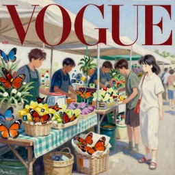 butterflies in farmers market, vogue magazine, gerardo dottori, anime, trending on artstation, oil painting, intricate