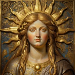 perfectly-centered-Portrait of a sun Goddess, intricate, highly detailed, digital painting, artstation, concept art, smooth, sharp focus, illustration, Unreal Engine 5, 8K, art by artgerm and greg rutkowski and alphonse mucha