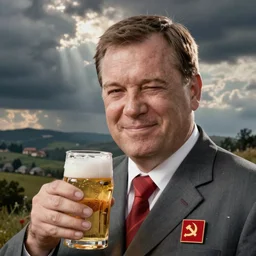 headshot propaganda photo of communist viktor orban winking with beer