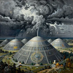 The storms extol our ancient glory, great mounds feed us power from the sacred earth, intricate, elegant, digital mixed media painting, concept art, smooth, sharp focus, illustration, from 1961, by Bill sienkliewicz, Moebius and Stephen Gammell