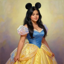 beautiful thirty year old woman with long black hair, tan skin, curvy hourglass figure, round cute face, slightly resembles selena gomez wearing a colorful disney princess gown with mickey mouse ears headband. beautiful painting by lois van baarle and artgerm