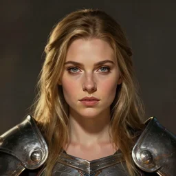front facing symmetrical centered painted portrait, just one head, Elisha Cuthbert as a D&D Paladin, RPG character avatar, RPG concept art, global illumination lighting, trending on artstation, by ROSSWORKS and ilya kuvshinov and Dreamworks and Pixar