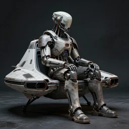 a total wide shot of a rugged terminator t 8 0 0 with cybernetic enhancements sitting in a x - 3 4 landspeeder from star wars, scifi character portrait by greg rutkowski, esuthio, craig mullins, full body shot, cinematic lighting, dystopian scifi gear, gloomy, profile picture, mechanical, half robot, implants, steampunk