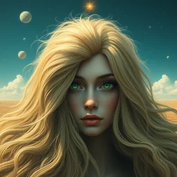 green eye woman with giant hair by beeple, artgerm, dali, pennington, makoto shinkai, stella, mckie, alex grey, bluth, pranckevicius, graaf, chris moore, foglio, masson, aivazosky, despain, bonestell. symbolism surrealism, spiritual, philosophical, artstation, 8 k,