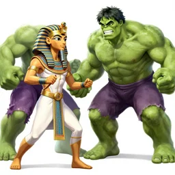 epic anime battle between the king tut and the incredible hulk, king tut!!!, digital art, game art, character design, trending on artstation, ultra realistic, ultra detailed