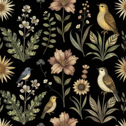 wallpaper with flora and fauna, black background, designed by leonora carrington