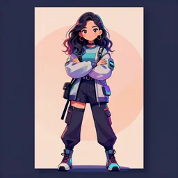 uncropped full body portrait poster girl with futuristic streetwear and wavy hair holding her arms crossed, complementary colour palette, cute face, pretty face, anime by kuvshinov ilya, artgerm and greg rutkowski, 4 k, hdr, graphic design, adobe illustrator, behance, trending on artstation