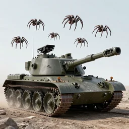 swarm of mechanical spiders overflowing a military tank, ultra realism