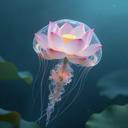 lotus flower swimming underwater like a jellyfish, transperent jellyfish head covers with the flower, photographic, cinematic, photorealistic, volumetric lighting, detailed, smooth, artstation, octane render, wolp