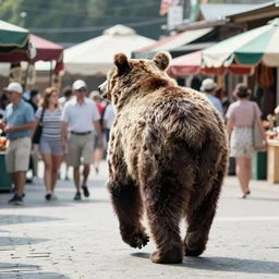 color photo, view from behind, a large bear walking on the market district, summer, 1 9 9 0 s photograph magazine