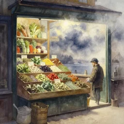 watercolor painting of shop inside, herbs and spices, traditional store, art by anders zorn, wonderful masterpiece by greg rutkowski, beautiful cinematic light, american romanticism by greg manchess, creation by tyler edlin, stormy puffy clouds and harbour in distant background, foggy
