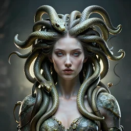 portrait medusa, goddess, science fiction, organic, snakes, stunning beautiful, turn to stone, by h r giger, ultra detailed, 3 d, future tech, back lit