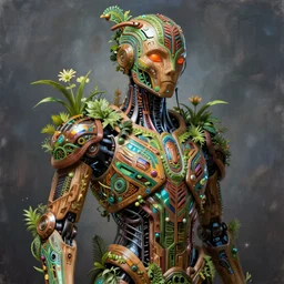 hyper - detailed fine painting of a synthetic humanoid cyborg hybrid half cybernetic and half made of plants and wood, concept art magical highlight, full color tribal and technologic art, ful color refractive