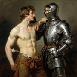 arthur pendragon shirtless but wearing pants flirting wit his knight. the knight is also flirting back, the knight is also wearing pants highly detailed painting by gaston bussiere, craig mullins, j. c. leyendecker