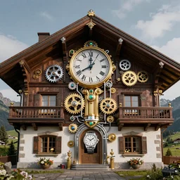 Beautiful steampunk Swiss chalet with a large clock, cogs, gears, gearwheels, levers, jewels, shiny silver, shiny gold, architectural render, futuresynth, by Gabriel Dawe, by Skottie Young, by Jessica Rossier, by Isaac Cordal, Rolex, Breitling, Jacob & Co, Omega, Tag Heur