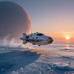 a small spaceship landed on an ice covered planet, gradient sunset in the background retro vintage science fiction art