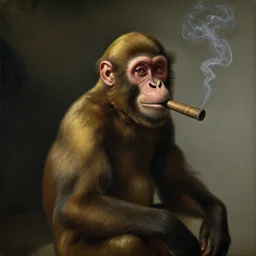 Monkey with a cigar in his mouth and smoke coming out, oil on canvas, by Johannes Vermeer