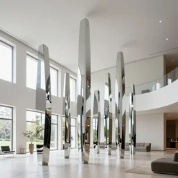 giant Italian modern castle living room, clean minimalist design, that is 1300 feet tall, a sculpture installation of a series of 8 feet tall modern mirror finish, smooth, organic shaped sculptures by Tony Cragg, photo by Annie Leibovitz
