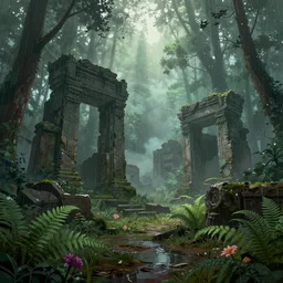 ancient ruins in the forest, beautiful, atmosphere, vibe, mist, rain, puddles, fern, flowers, concept art illustration, color page, tone mapping, akihiko yoshida, james jean, andrei riabovitchev, marc simonetti, digital illustration, greg rutowski, volumetric lighting, sunbeams, particles