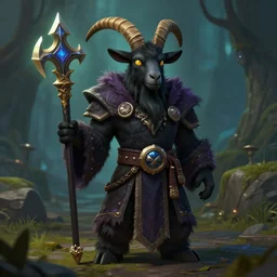an anthropomorphic black goat wizard in world of warcraft, screenshot