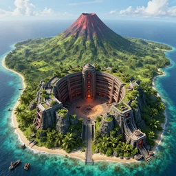 aerial photo of an evil lair located in a tropical island with a volcano, 3 d render, octane, ray tracing, ultra high resolution, ultra detailed, photorealistic, secret evil lair