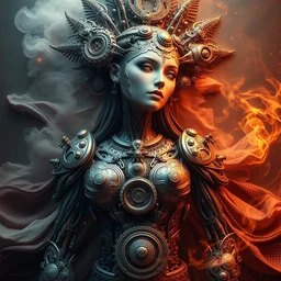 a beautiful mechanized feminine android goddess of the quantum realm, westworld, photorealistic, intricate detail, elaborate machinery, clockwork, torn tapestry, swirling smoke, ember particles, regal design, royal relief