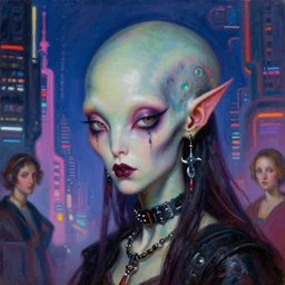close up portrait of a fractal punk goth alien martian girl in a fluorescent cyberpunk futuristic city by zhang jingna, oil painting by canaletto hieronymus bosh leonardo da vinci piero della francesca botticelli