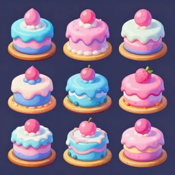game asset of cakes, in gouache detailed paintings, props, stylized, 2 d sprites, kitbash, arcane, overwatch, blue and pink color scheme, 8 k, close up