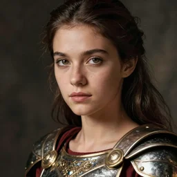 close - up portrait of beautiful young woman dressed gladiator with metallic armor, art by annie leibovitz