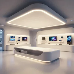 art by filip hodas, pixar and artgerm. led lights, sci - fi modern architect store design, clean, entertainment center, indoor, spacious. surrealism.