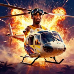 movie poster ( the pilot ), helicopter, kobe bryant wearing aviator goggles, fan art, concept art, vibrant, calabasa hills, explosions