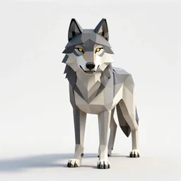 low-poly wolf, high detail photograph, full body, isolated on a pure white background, centered, entire subject in frame, sharp focus, soft studio lighting