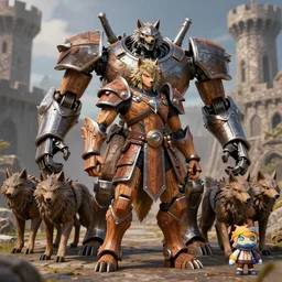 warforged druid male anime character, wolf armor, cyborg, made of wood, made of metal, large robot, wolves, knight, medieval castle, wolf pack following, 3 d render beeple, realistic detailed octane render, pop up parade figure