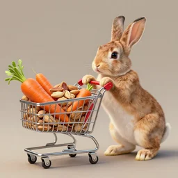 fantasy art 4 k ultra detailed rabbit pushing a shopping cart full of nuts to trade for carrots