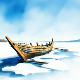 small centered on watercolor paper, paint brush strokes, abstract watercolor painting of ancient viking wreck in frozen lake, daylight, blue sky, cinematic light, national romanticism by hans dahl, by jesper ejsing, by anders zorn, by greg rutkowski, by greg manchess, by tyler edlin