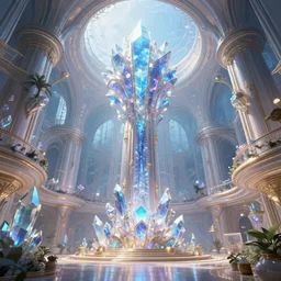 Matte painting of the interior view of giant atrium. Magic crystal architecture. Fantastical, detailed digital art trending in artstation