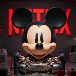 top - view of workers / mechanic working on mickey mouse giant head, big red glowing netflix logo in behind wall, low cinematic lighting, front lit, beeple, cgsociety, unreal engine, octane render, trending on art station, highly detailed 4 k art, intricate, hyperr realistic