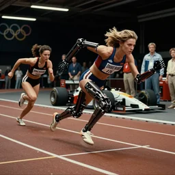 Film Noir, Inherent Vice, Collateral, Olivia Pope, Olympics footage, female Sprinter athletes on track at high speed with mechanical limbs, intense moment, cinematic stillframe, dramatic lighting, The fifth element, vintage robotics, formula 1 garage, starring Geena Davis by Michael Mann