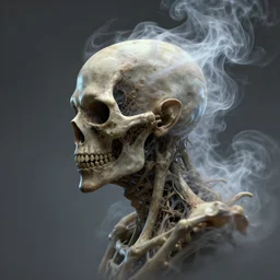 an uncut sideview portrait of a demon made of smoke and laced bone. dynamic. motionblur. houdini 3 d 8 k gigapixel render. substance designer. unreal engine. abstract demon face vanishing. inspired by billelis, riabovitchev, tomasz alen kopera and dom qwek. made by janusz jurek
