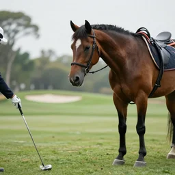 realistic photo of a horse that is playing golf alone,  with its hands, 4k