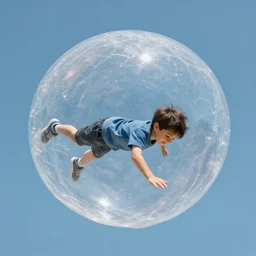 boy floating gently down from the sky in a plastic wrapped bubble. aerial footage.